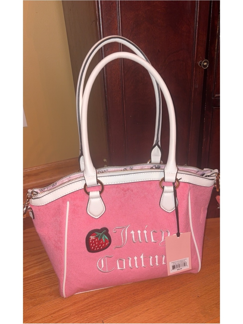 Juicy Couture Pink Strawberry Embroidered Tote with White Trim